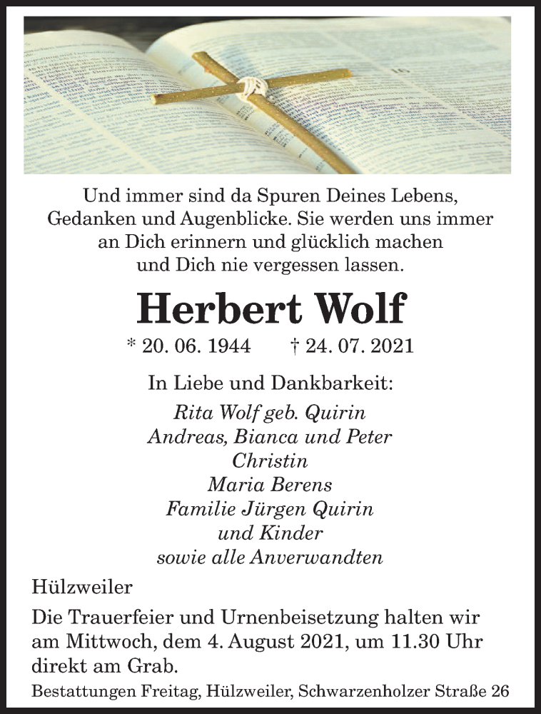  Traueranzeige für Herbert Wolf vom 31.07.2021 aus saarbruecker_zeitung