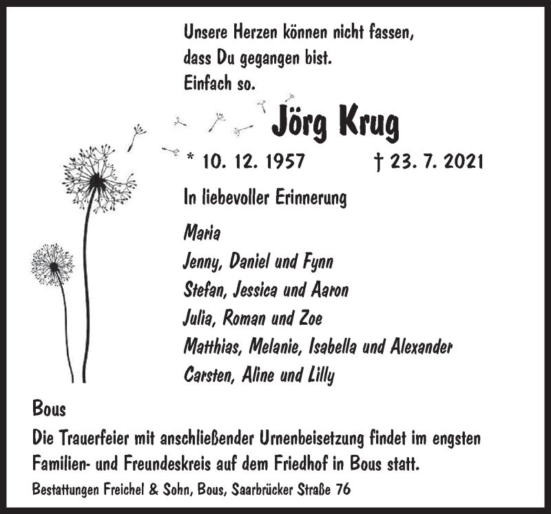  Traueranzeige für Jörg Krug vom 31.07.2021 aus saarbruecker_zeitung
