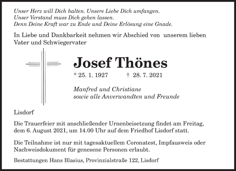  Traueranzeige für Josef Thönes vom 31.07.2021 aus saarbruecker_zeitung