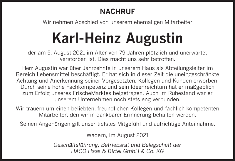  Traueranzeige für Karl-Heinz Augustin vom 14.08.2021 aus saarbruecker_zeitung