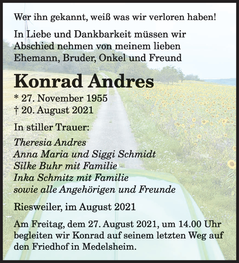  Traueranzeige für Konrad Andres vom 25.08.2021 aus saarbruecker_zeitung