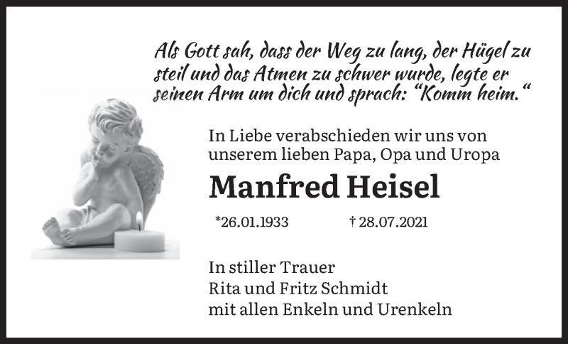  Traueranzeige für Manfred Heisel vom 31.07.2021 aus saarbruecker_zeitung