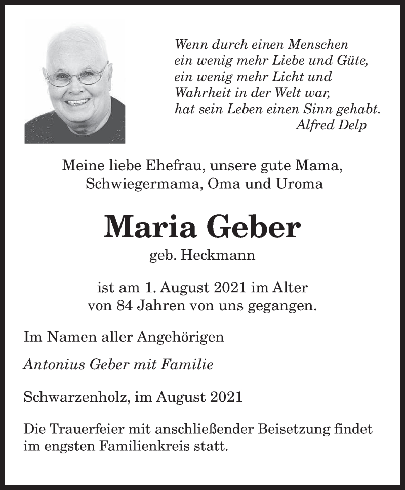  Traueranzeige für Maria Geber vom 04.08.2021 aus saarbruecker_zeitung