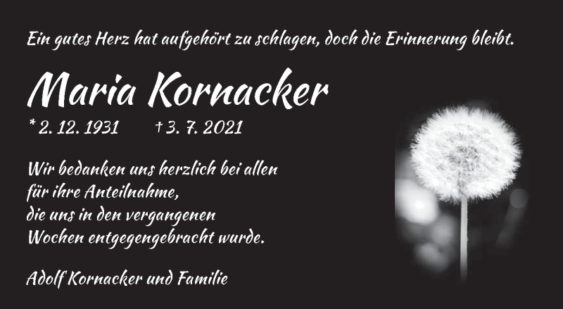  Traueranzeige für Maria Kornacker vom 07.08.2021 aus saarbruecker_zeitung