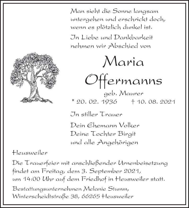  Traueranzeige für Maria Offermanns vom 28.08.2021 aus saarbruecker_zeitung