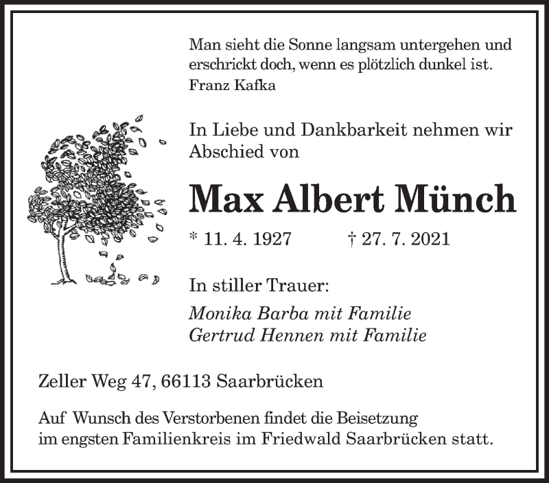  Traueranzeige für Max Albert Münch vom 31.07.2021 aus saarbruecker_zeitung