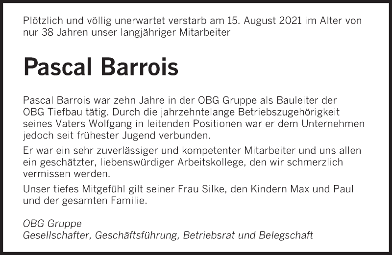  Traueranzeige für Pascal Barrois vom 19.08.2021 aus saarbruecker_zeitung