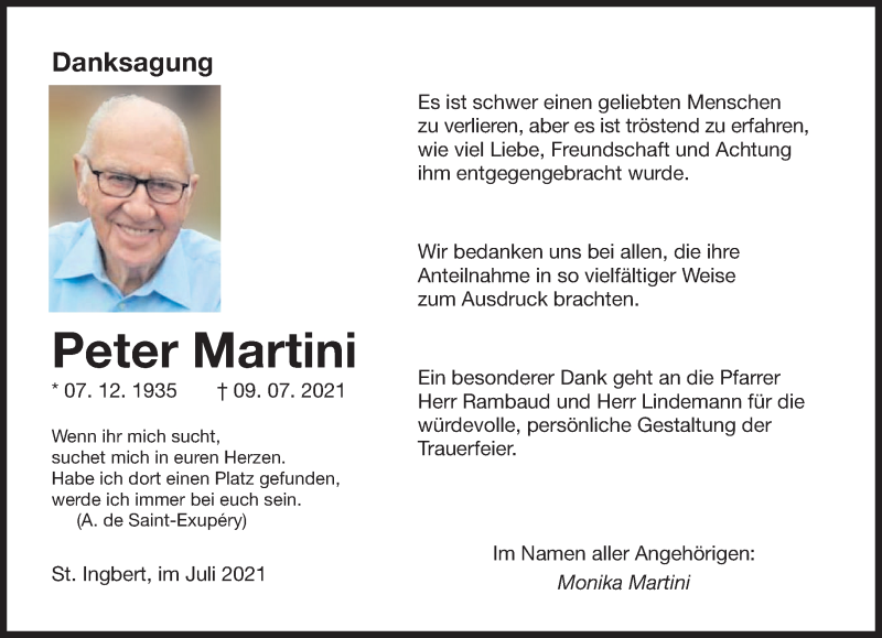  Traueranzeige für Peter Martini vom 31.07.2021 aus saarbruecker_zeitung