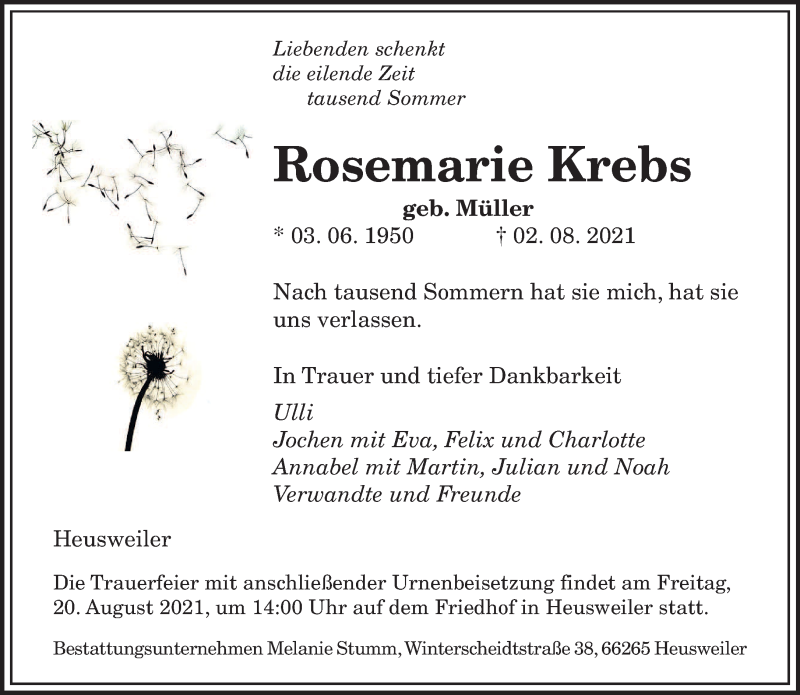  Traueranzeige für Rosemarie Krebs vom 11.08.2021 aus saarbruecker_zeitung