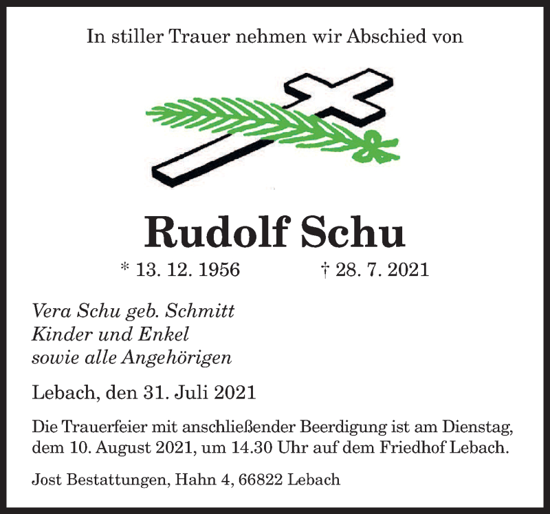  Traueranzeige für Rudolf Schu vom 31.07.2021 aus saarbruecker_zeitung