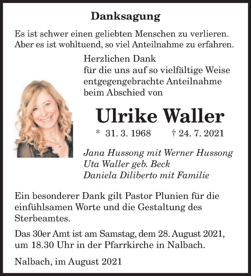  Traueranzeige für Ulrike Waller vom 21.08.2021 aus saarbruecker_zeitung