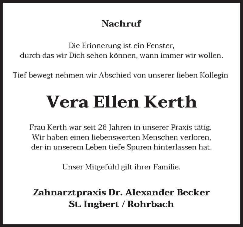  Traueranzeige für Vera Ellen Kerth vom 31.07.2021 aus saarbruecker_zeitung