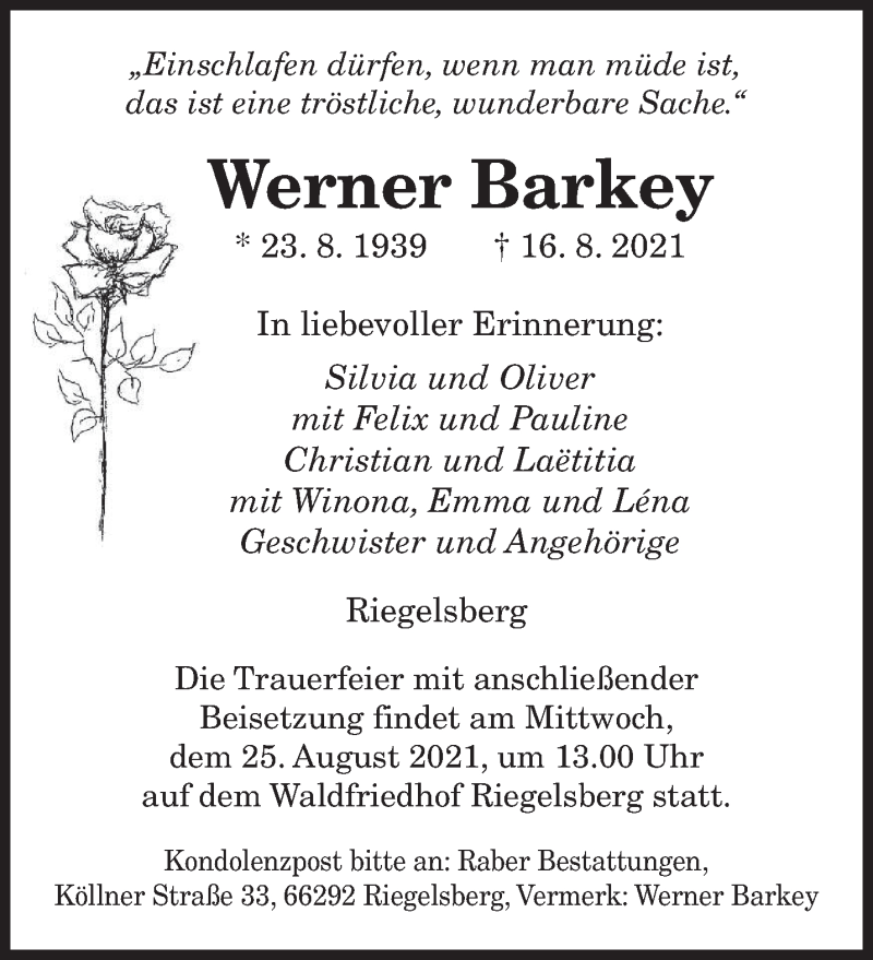  Traueranzeige für Werner Barkey vom 21.08.2021 aus saarbruecker_zeitung