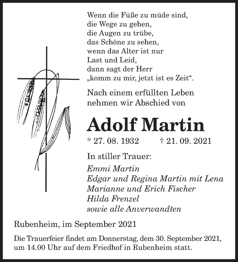  Traueranzeige für Adolf Martin vom 28.09.2021 aus saarbruecker_zeitung