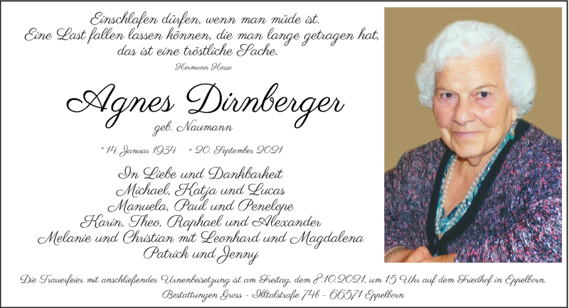  Traueranzeige für Agnes Dirnberger vom 25.09.2021 aus saarbruecker_zeitung