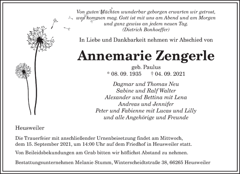  Traueranzeige für Annemarie Zengerle vom 11.09.2021 aus saarbruecker_zeitung