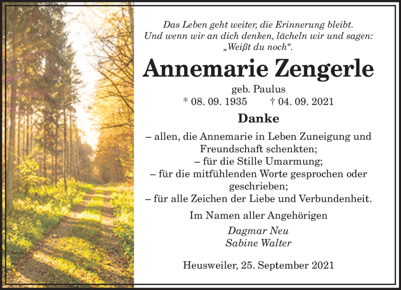  Traueranzeige für Annemarie Zengerle vom 25.09.2021 aus saarbruecker_zeitung
