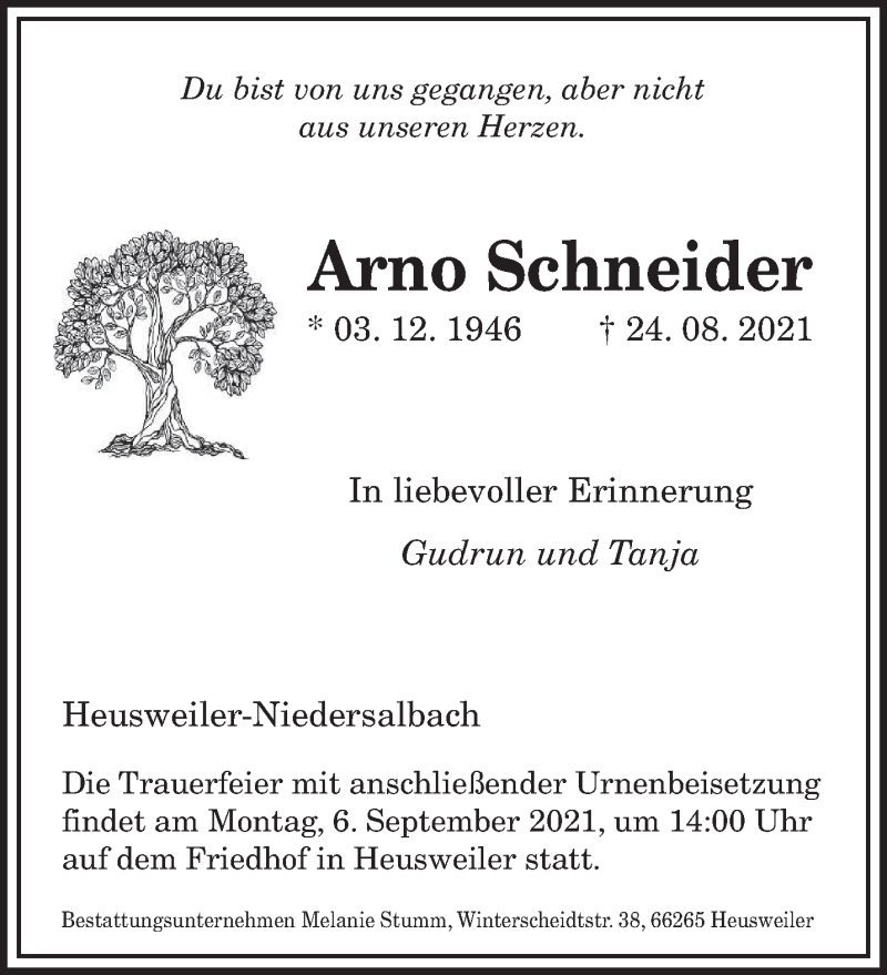  Traueranzeige für Arno Schneider vom 04.09.2021 aus saarbruecker_zeitung