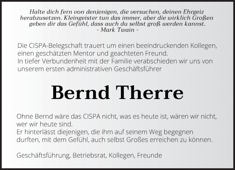  Traueranzeige für Bernd Therre vom 25.09.2021 aus saarbruecker_zeitung