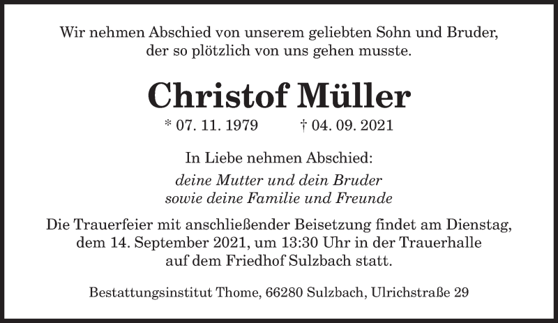  Traueranzeige für Christof Müller vom 11.09.2021 aus saarbruecker_zeitung
