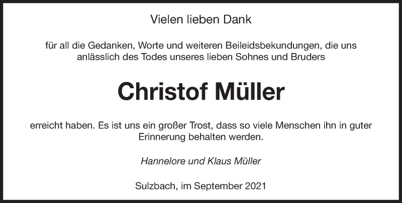  Traueranzeige für Christof Müller vom 25.09.2021 aus saarbruecker_zeitung