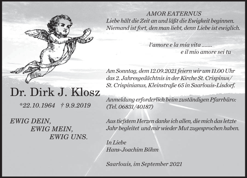  Traueranzeige für Dirk J. Klosz vom 04.09.2021 aus saarbruecker_zeitung