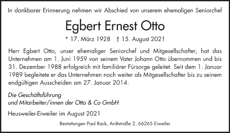  Traueranzeige für Egbert Ernest Otto vom 04.09.2021 aus saarbruecker_zeitung