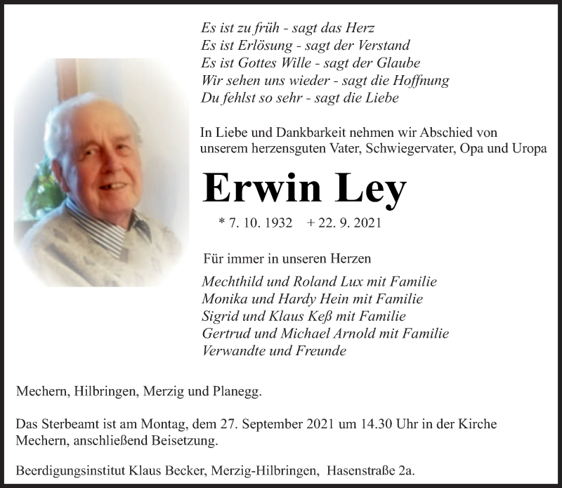  Traueranzeige für Erwin Ley vom 25.09.2021 aus saarbruecker_zeitung
