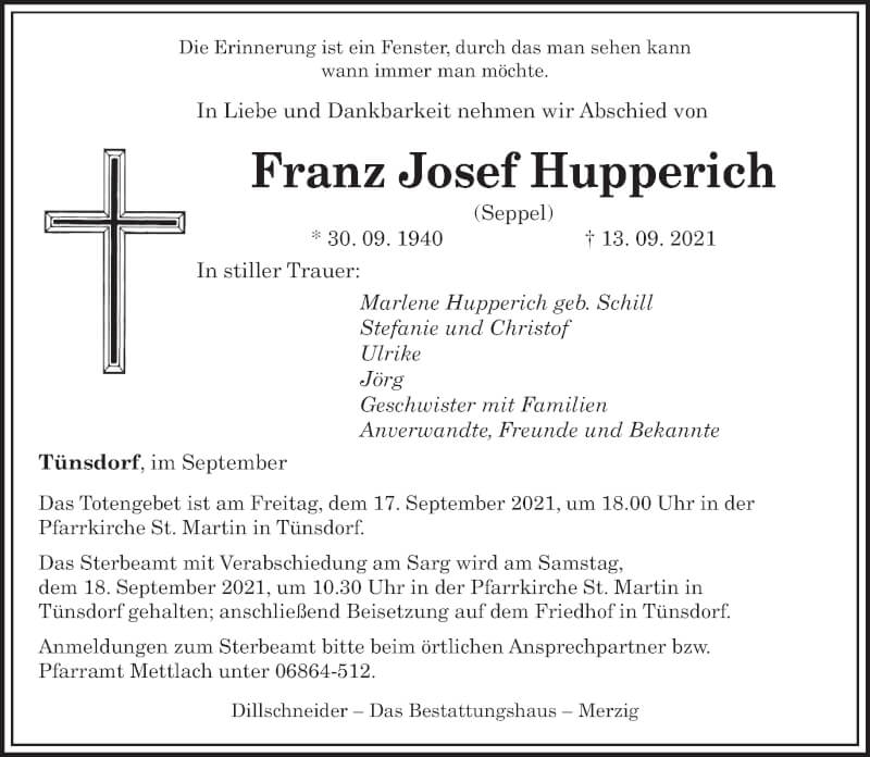  Traueranzeige für Franz Josef Hupperich vom 16.09.2021 aus saarbruecker_zeitung