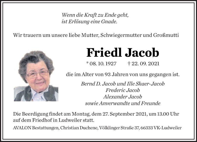  Traueranzeige für Friedl Jacob vom 25.09.2021 aus saarbruecker_zeitung