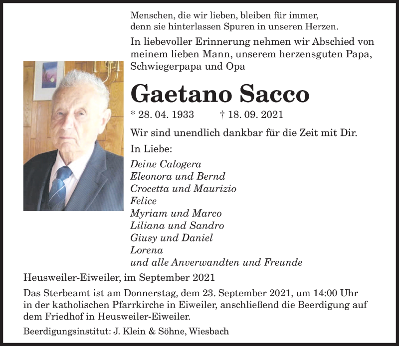  Traueranzeige für Gaetano Sacco vom 21.09.2021 aus saarbruecker_zeitung
