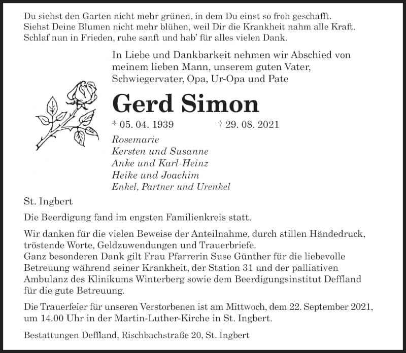  Traueranzeige für Gerd Simon vom 18.09.2021 aus saarbruecker_zeitung