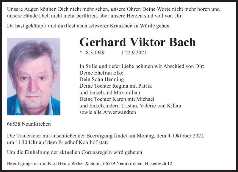  Traueranzeige für Gerhard Viktor Bach vom 29.09.2021 aus saarbruecker_zeitung