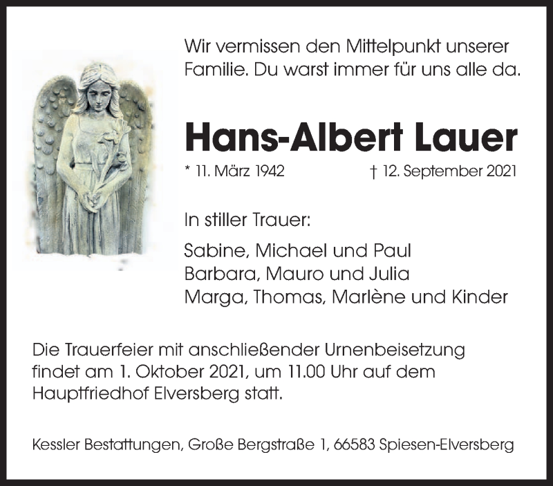  Traueranzeige für Hans-Albert Lauer vom 25.09.2021 aus saarbruecker_zeitung