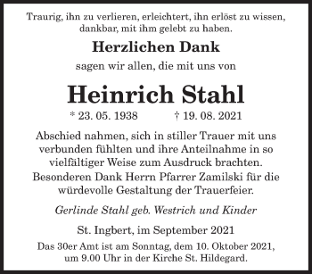 Traueranzeige von Heinrich Stahl von saarbruecker_zeitung