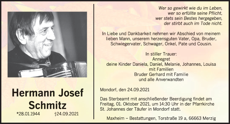  Traueranzeige für Hermann Josef Schmitz vom 29.09.2021 aus saarbruecker_zeitung