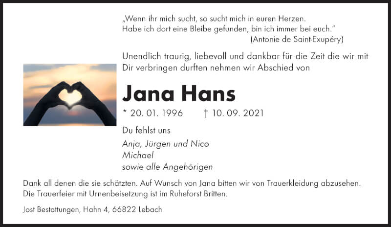  Traueranzeige für Jana Hans vom 18.09.2021 aus saarbruecker_zeitung