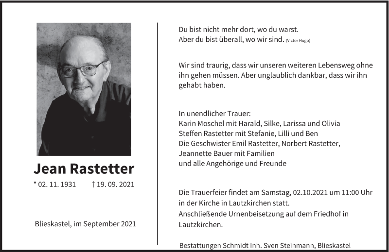  Traueranzeige für Jean Rastetter vom 28.09.2021 aus saarbruecker_zeitung
