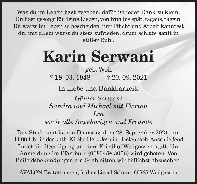  Traueranzeige für Karin Serwani vom 25.09.2021 aus saarbruecker_zeitung