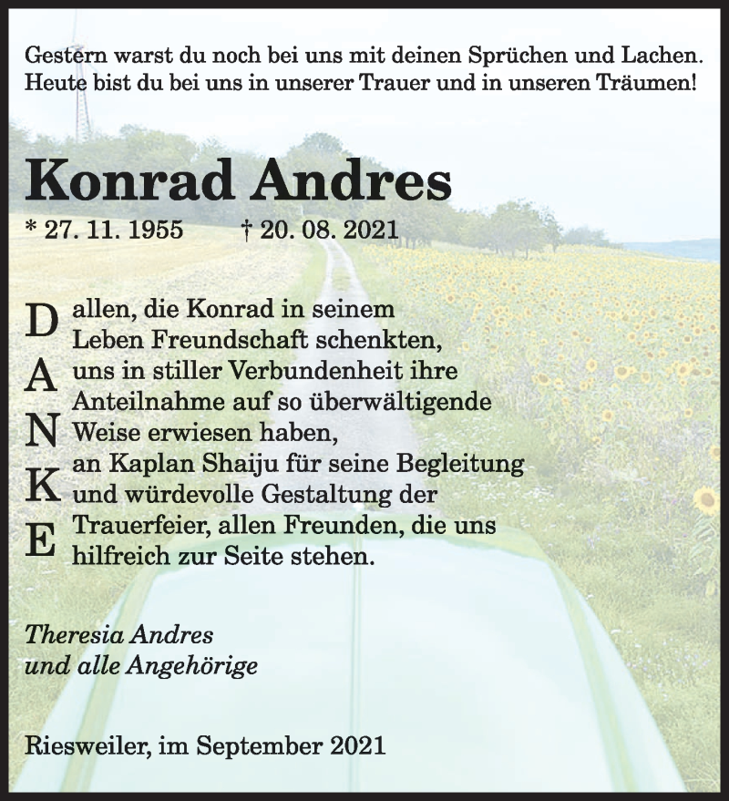  Traueranzeige für Konrad Andres vom 11.09.2021 aus saarbruecker_zeitung