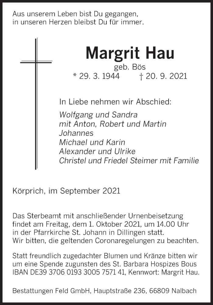 Traueranzeige für Margrit Hau vom 25.09.2021 aus saarbruecker_zeitung