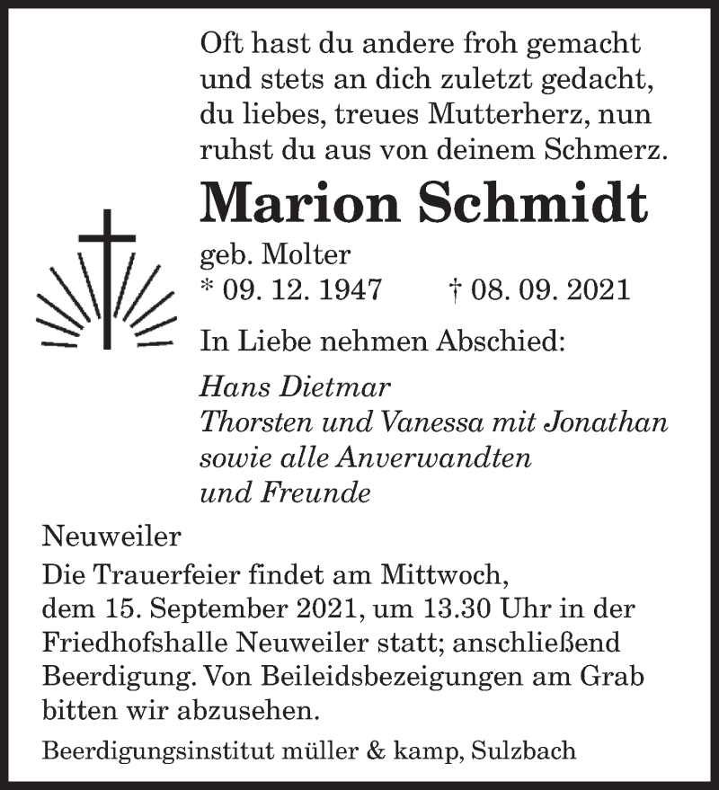  Traueranzeige für Marion Schmidt vom 11.09.2021 aus saarbruecker_zeitung