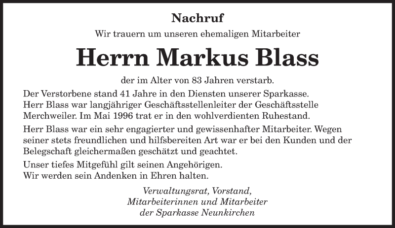  Traueranzeige für Markus Blass vom 04.09.2021 aus saarbruecker_zeitung