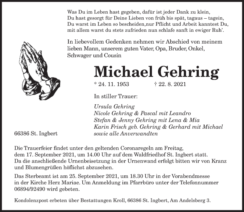 Traueranzeige für Michael Gehring vom 11.09.2021 aus saarbruecker_zeitung