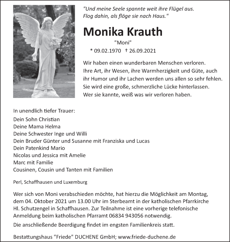  Traueranzeige für Monika Krauth vom 29.09.2021 aus saarbruecker_zeitung
