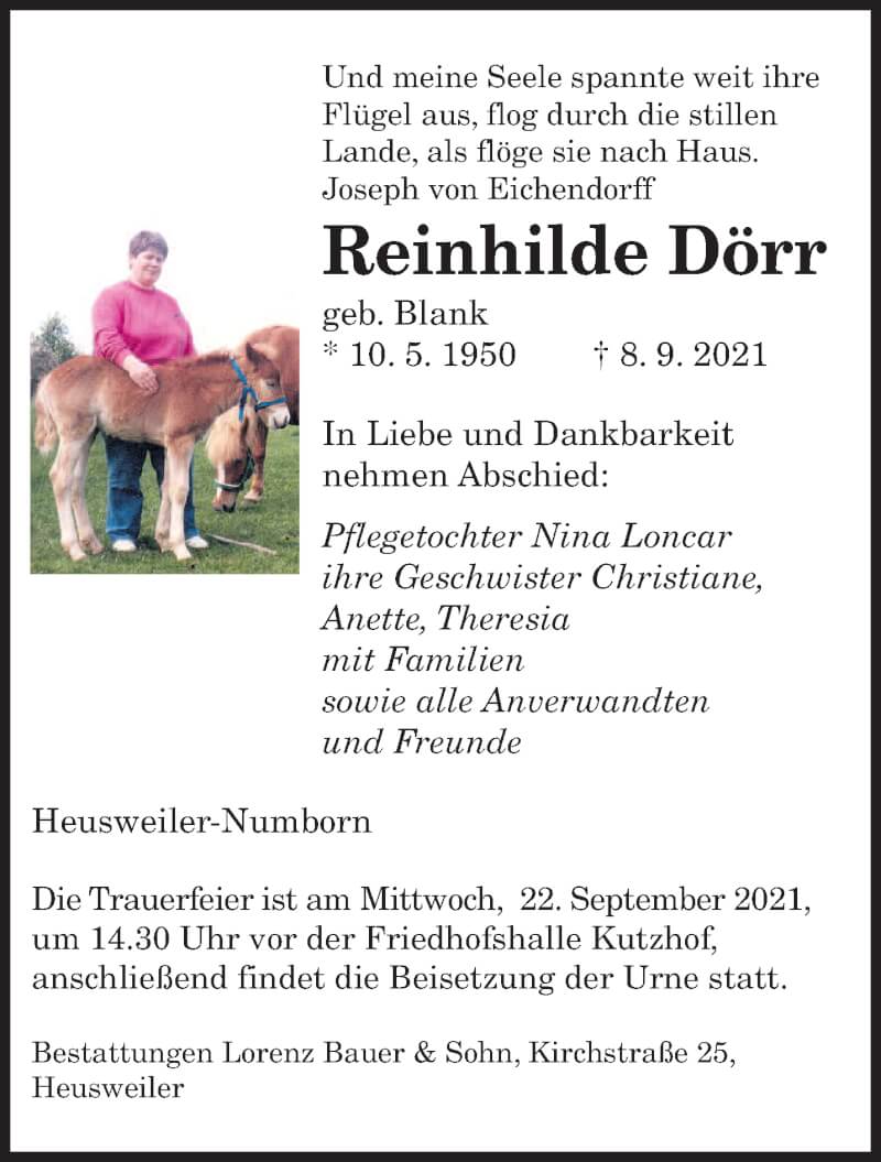  Traueranzeige für Reinhilde Dörr vom 18.09.2021 aus saarbruecker_zeitung