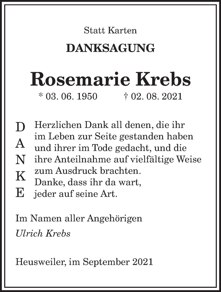  Traueranzeige für Rosemarie Krebs vom 29.09.2021 aus saarbruecker_zeitung