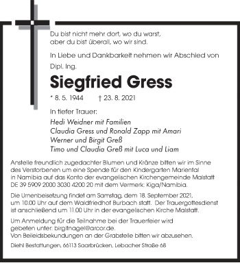 Traueranzeige von Siegfried Gress von saarbruecker_zeitung