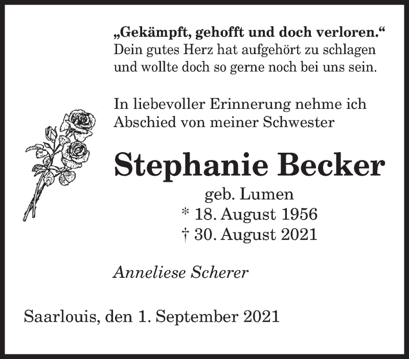  Traueranzeige für Stephanie Becker vom 04.09.2021 aus saarbruecker_zeitung