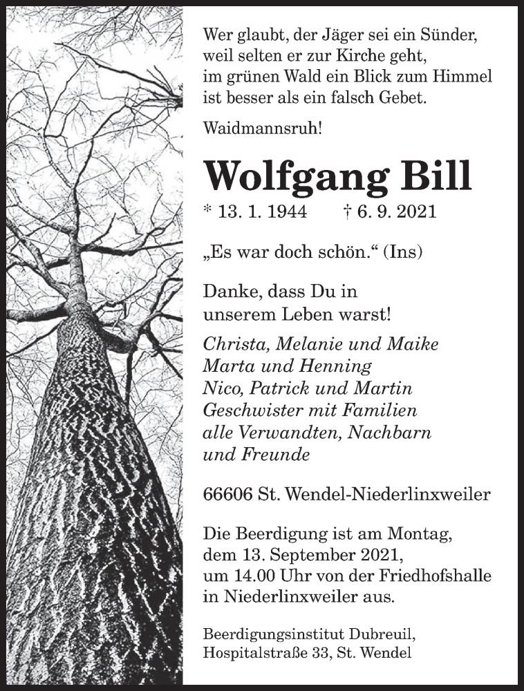  Traueranzeige für Wolfgang Bill vom 09.09.2021 aus saarbruecker_zeitung